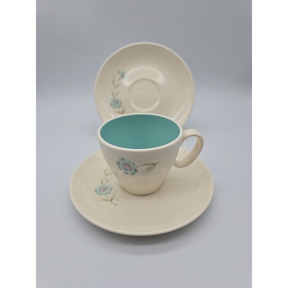 Taylor Smith  BOUTONNIERE Aqua Blue Floral  Coffee Cup & 2 Saucers NICE